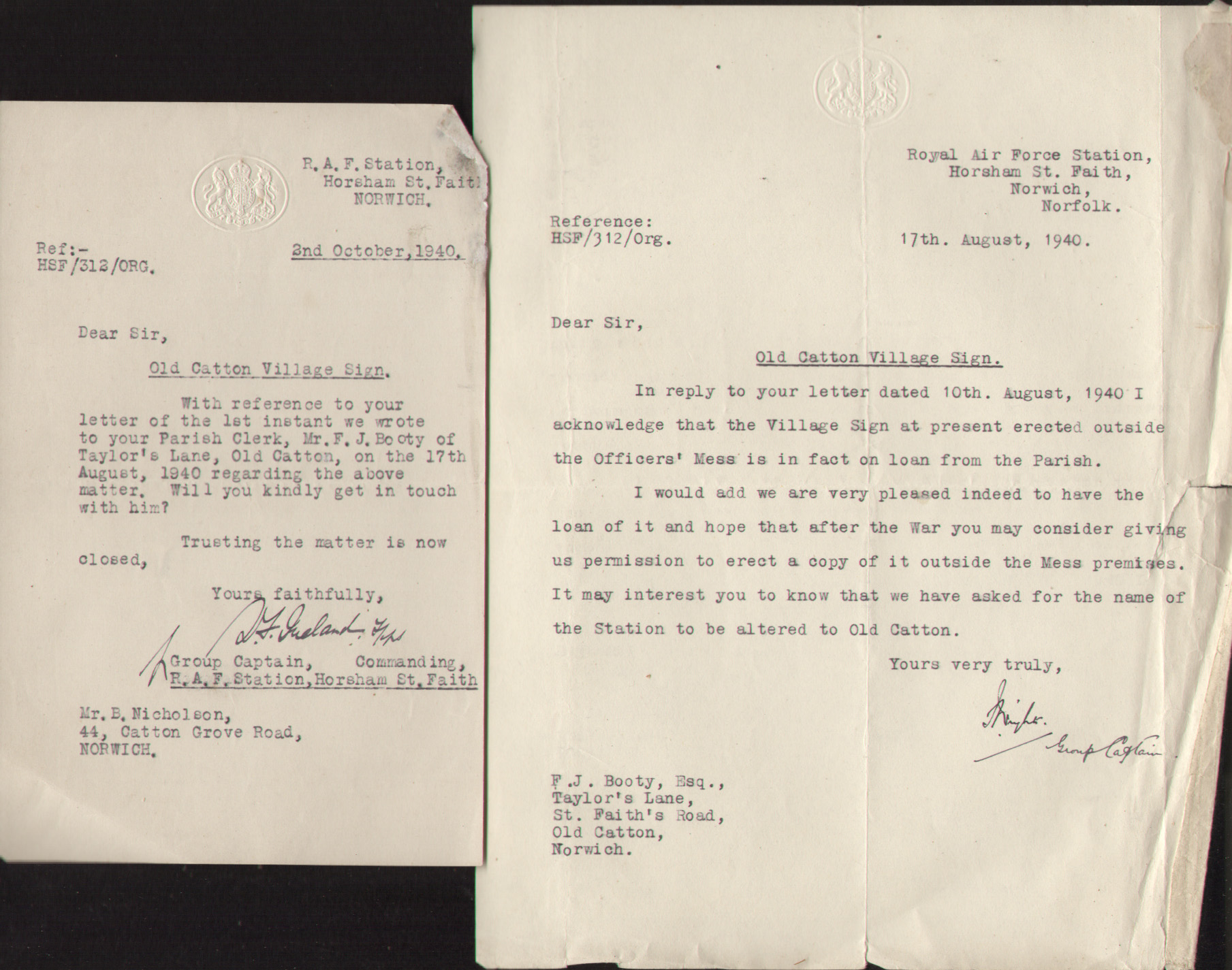 Letters from RAF - delighted to look after sign during wartime 1940